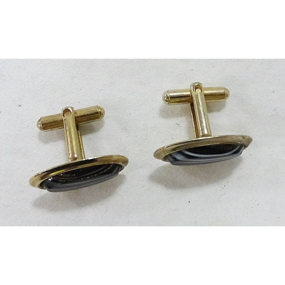 Vintage cufflinks art glass oval filigree black white gold preppy academia